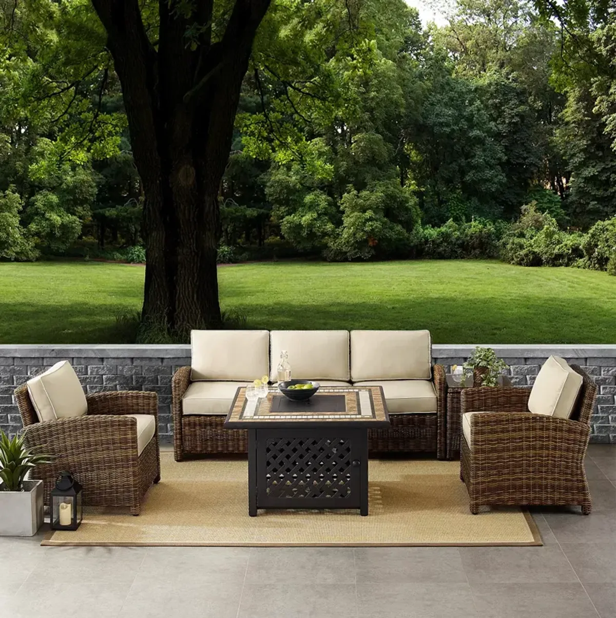 Sparrow & Wren Bradenton 5 Piece Outdoor Wicker Sofa Set with Fire Table