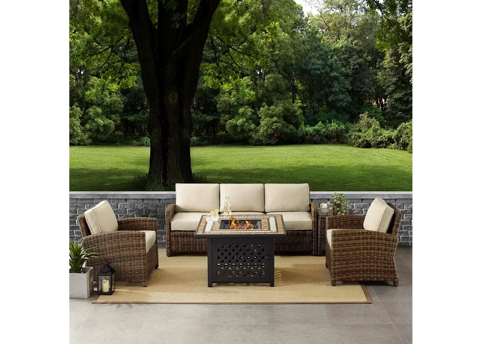 Sparrow & Wren Bradenton 5 Piece Outdoor Wicker Sofa Set with Fire Table