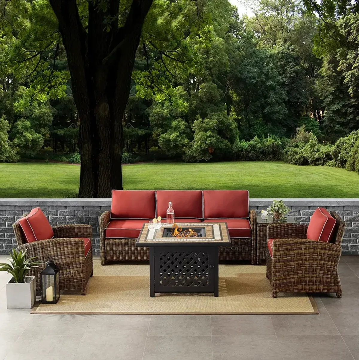 Sparrow & Wren Bradenton 5 Piece Outdoor Wicker Sofa Set with Fire Table