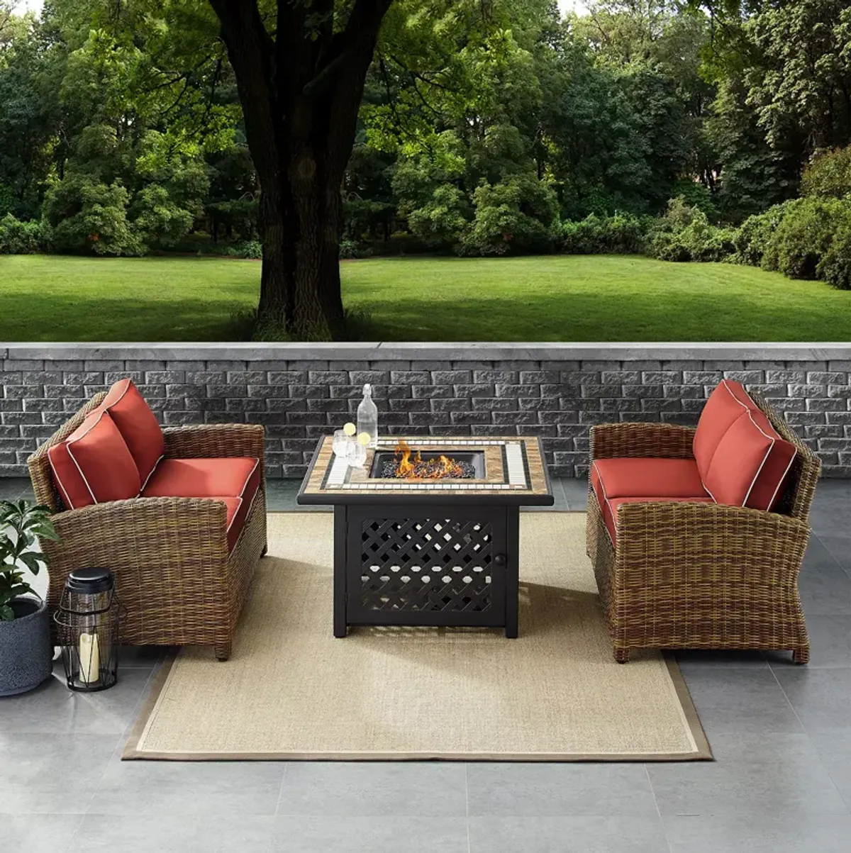 Sparrow & Wren Bradenton 3 Piece Outdoor Wicker Conversation Set with Fire Table