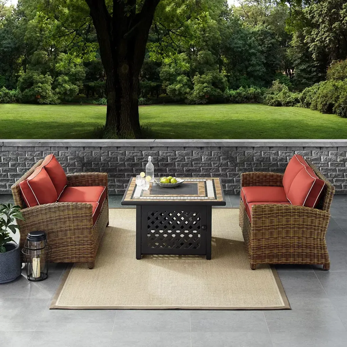 Sparrow & Wren Bradenton 3 Piece Outdoor Wicker Conversation Set with Fire Table