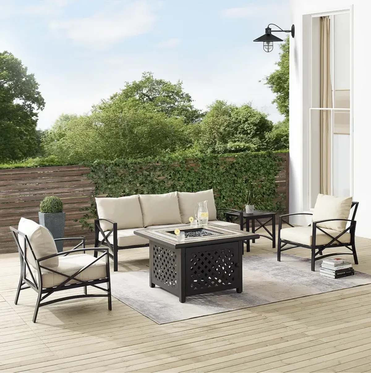 Sparrow & Wren Kaplan 5 Piece Outdoor Metal Sofa Set with Fire Table