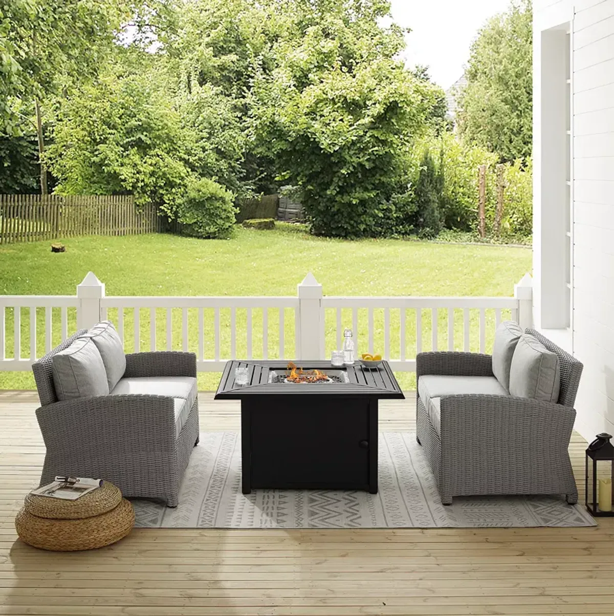 Sparrow & Wren Bradenton 3 Piece Outdoor Wicker Loveseat Set with Fire Table