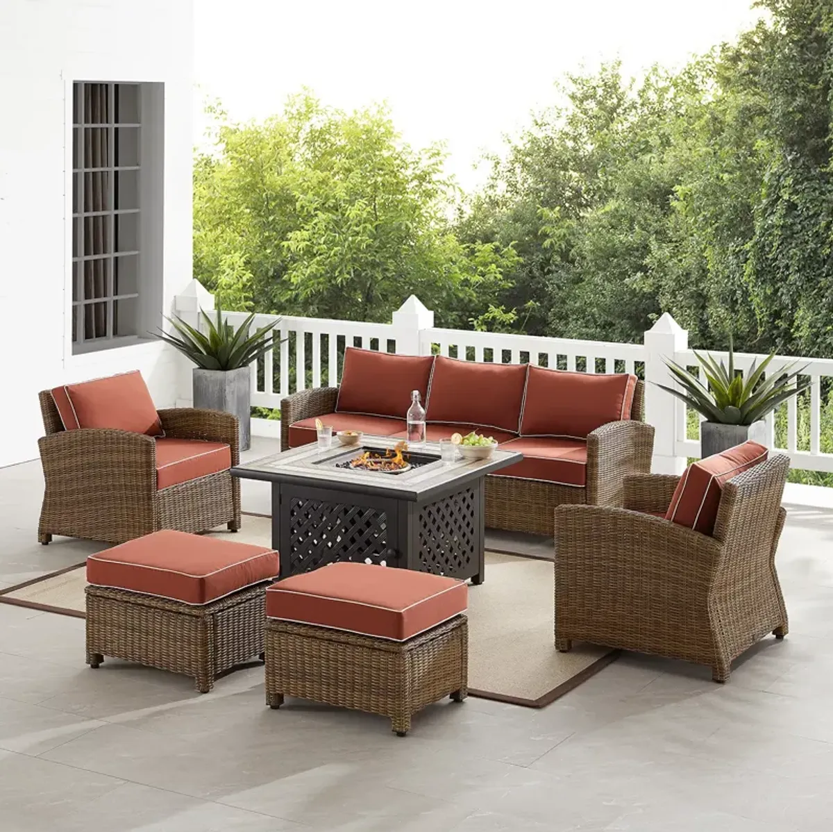 Sparrow & Wren Bradenton 6 Piece Outdoor Wicker Sofa Set with Fire Table