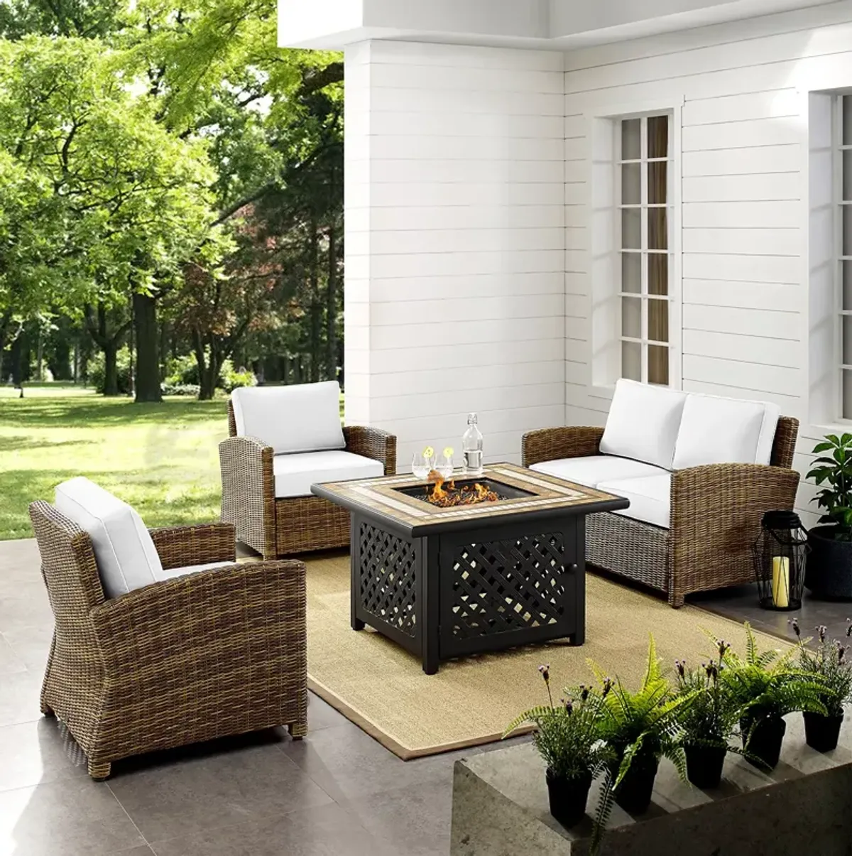 Sparrow & Wren Bradenton 4 Piece Outdoor Wicker Conversation Set with Fire Table