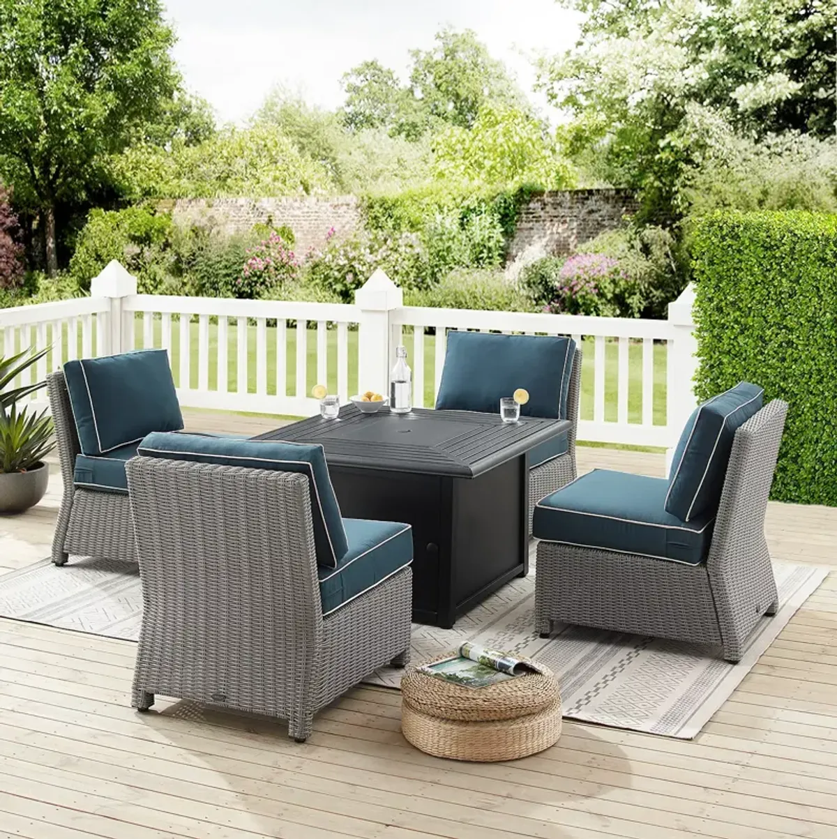 Sparrow & Wren Bradenton 5 Piece Outdoor Wicker Conversation Set with Fire Table