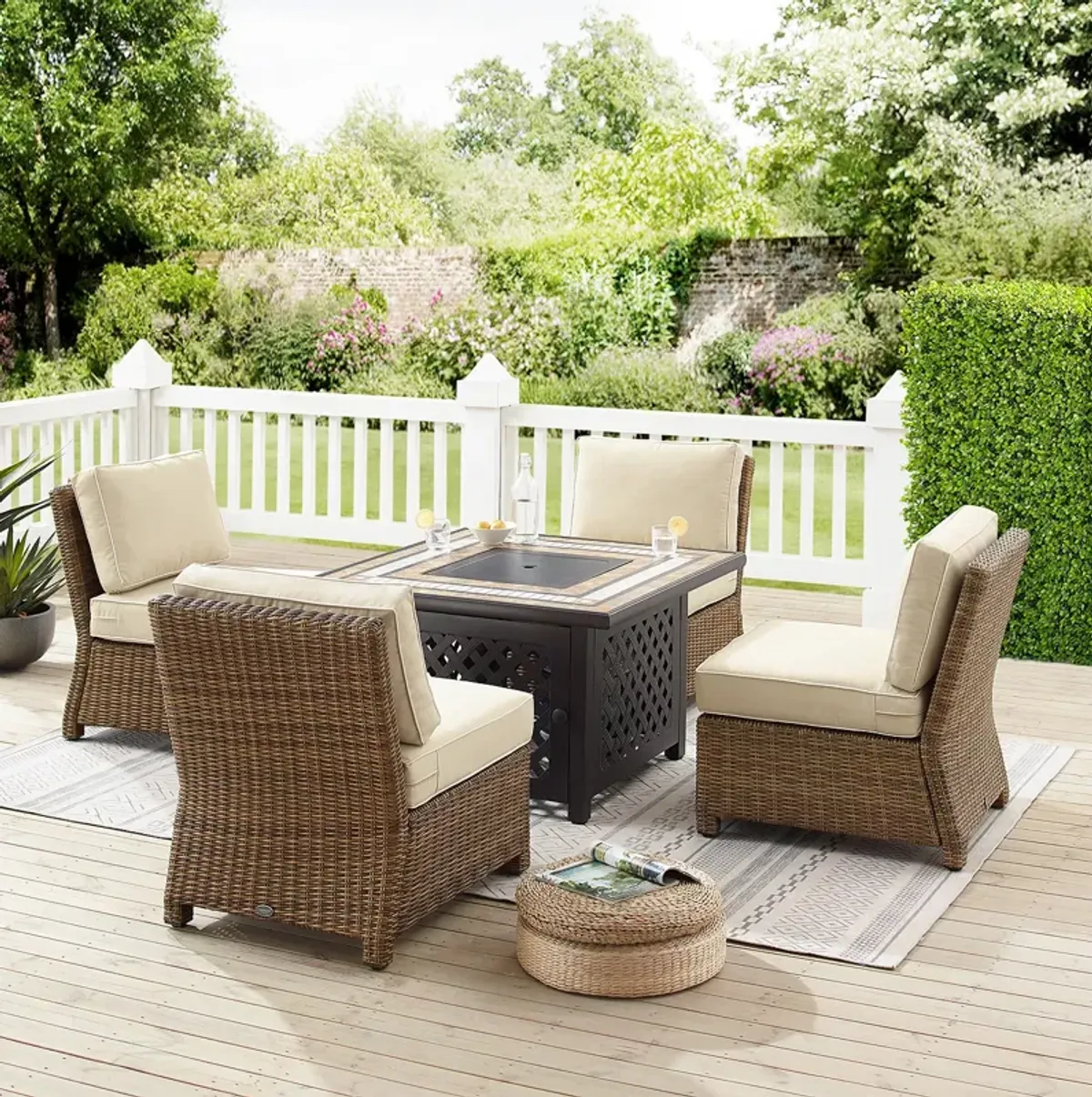 Sparrow & Wren Bradenton 5 Piece Outdoor Wicker Conversation Set with Fire Table