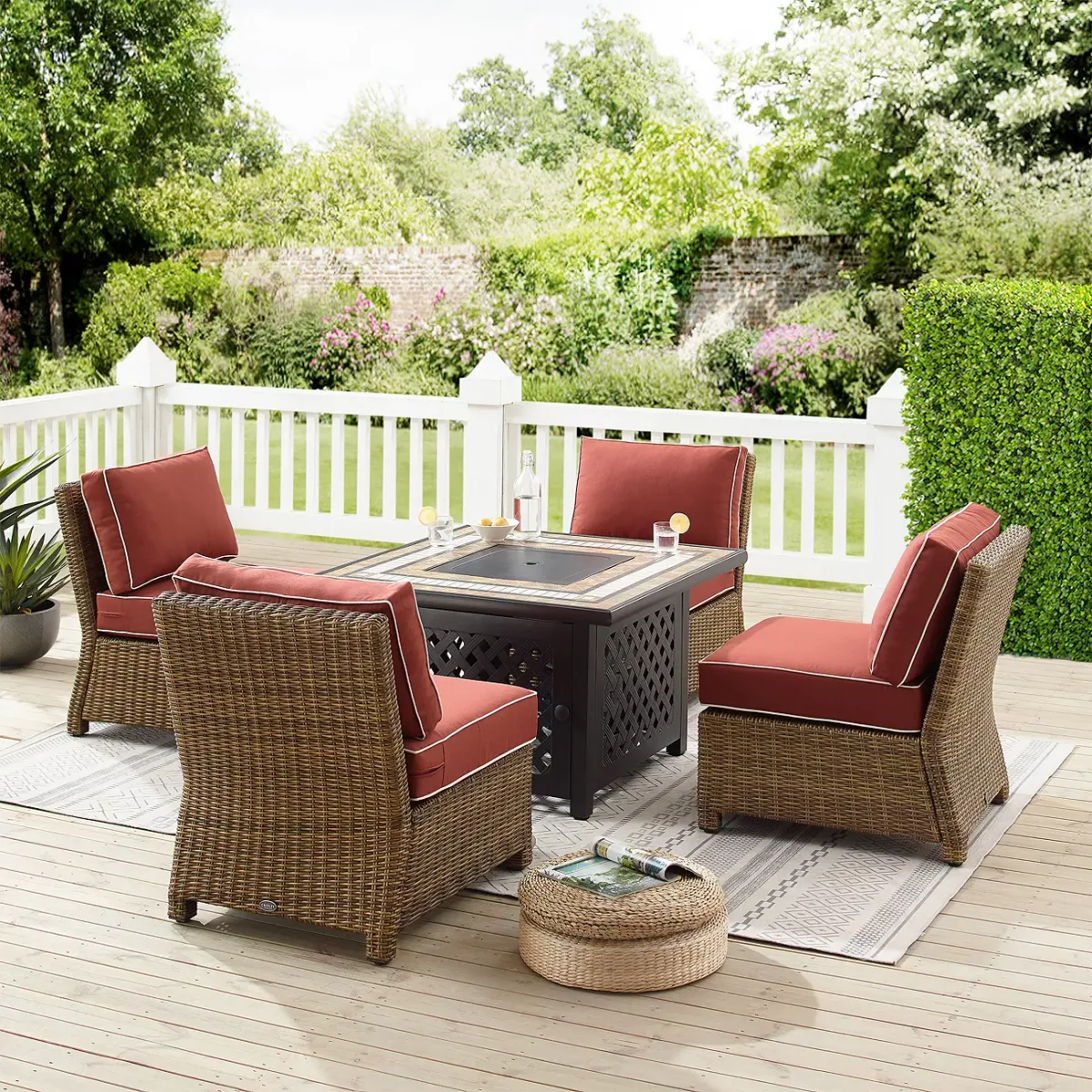 Sparrow & Wren Bradenton 5 Piece Outdoor Wicker Conversation Set with Fire Table