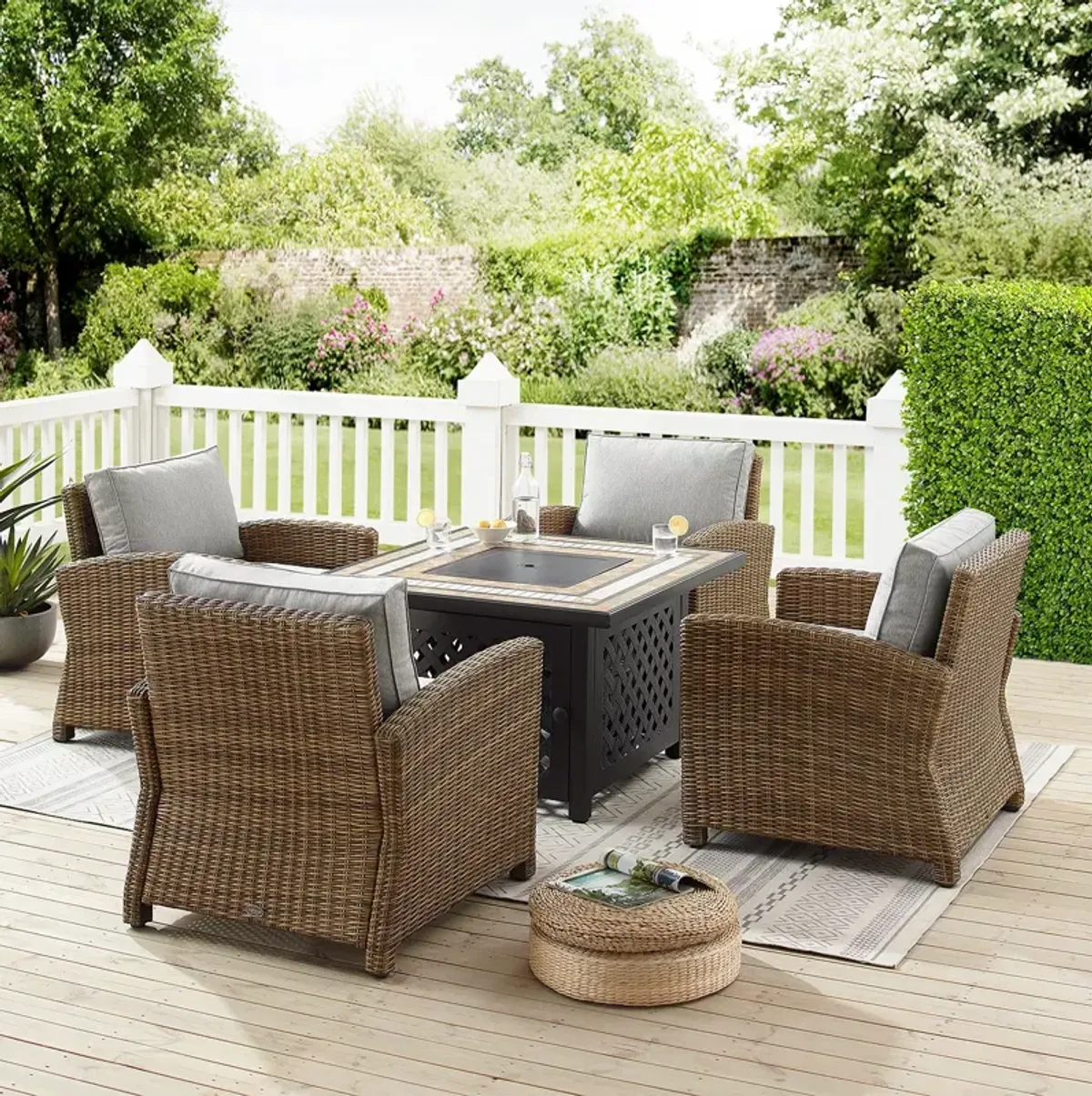 Sparrow & Wren Bradenton 5 Piece Outdoor Wicker Conversation Set with Fire Table