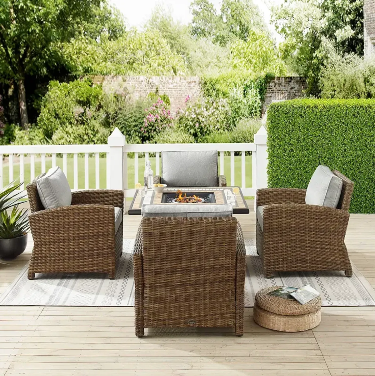 Sparrow & Wren Bradenton 5 Piece Outdoor Wicker Conversation Set with Fire Table