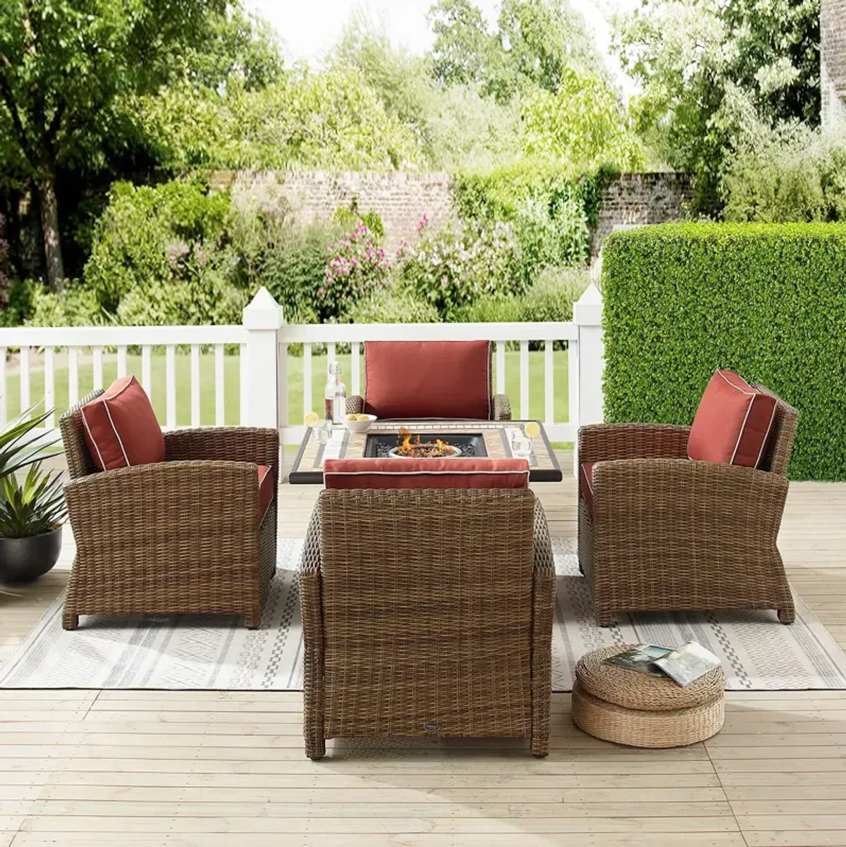 Sparrow & Wren Bradenton 5 Piece Outdoor Wicker Conversation Set with Fire Table