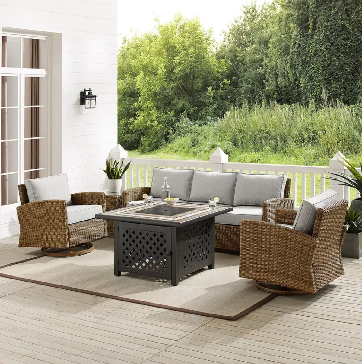 Sparrow & Wren Bradenton 5 Piece Outdoor Wicker Swivel Rocker & Sofa Set with Fire Table