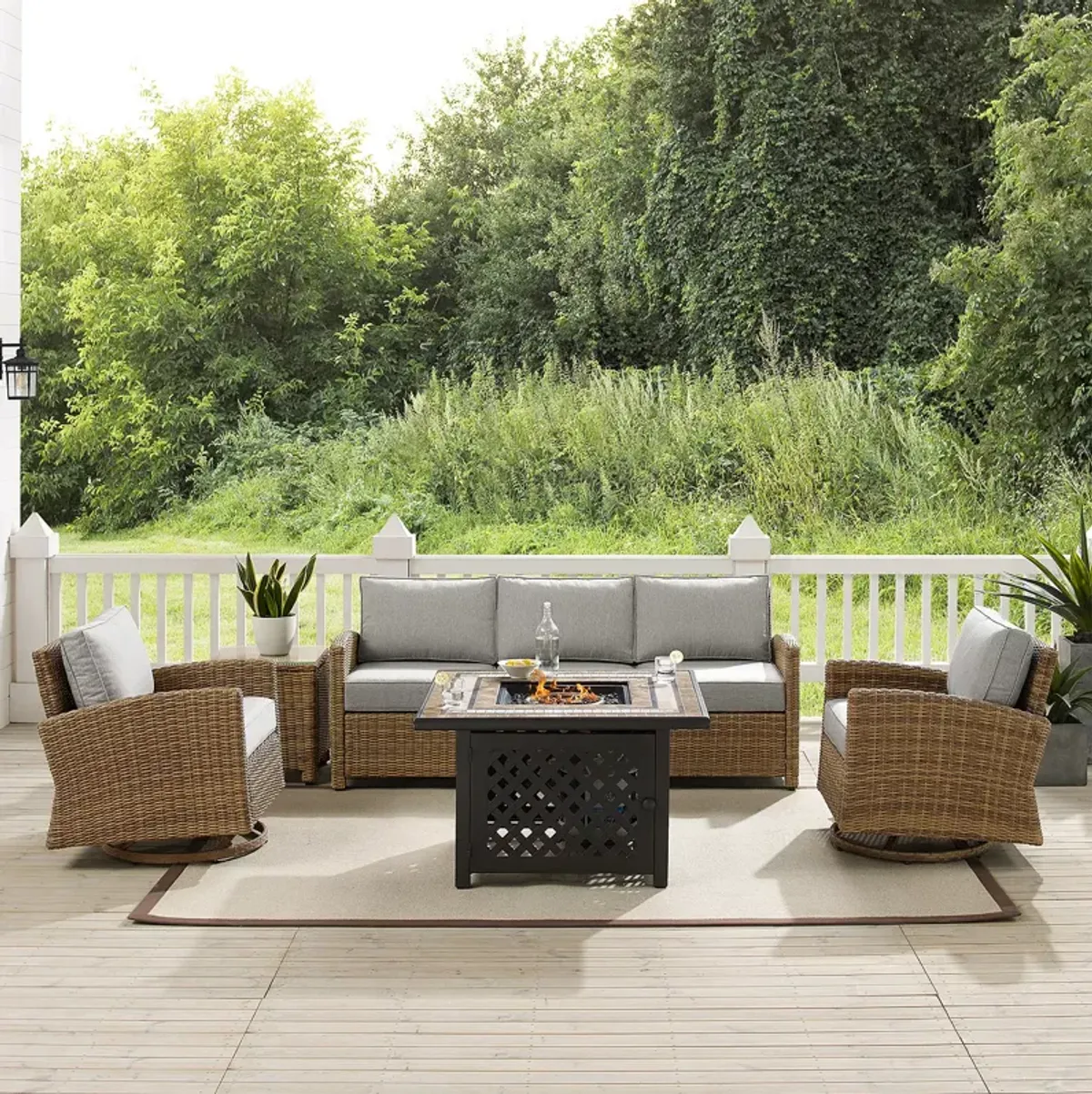 Sparrow & Wren Bradenton 5 Piece Outdoor Wicker Swivel Rocker & Sofa Set with Fire Table