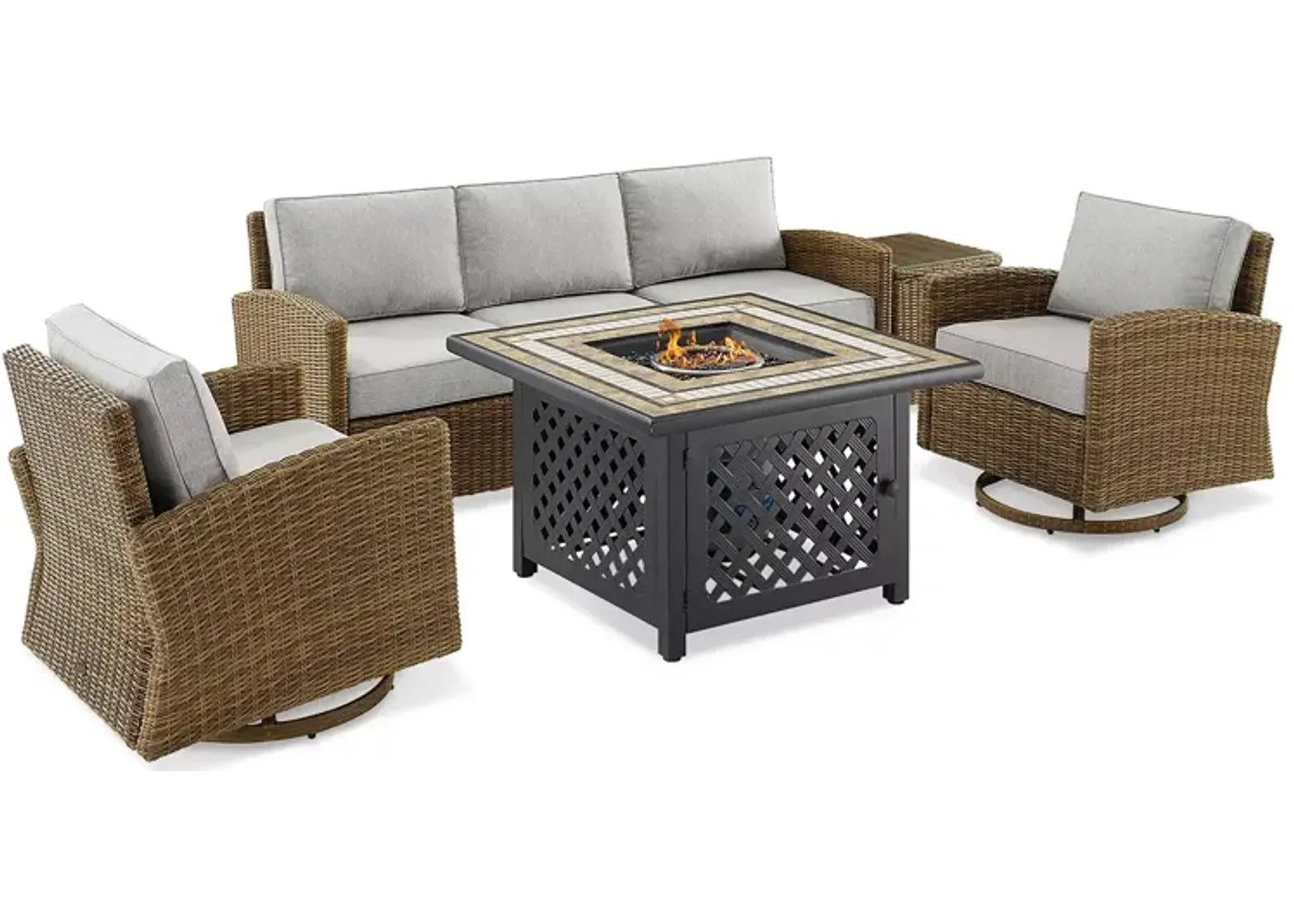 Sparrow & Wren Bradenton 5 Piece Outdoor Wicker Swivel Rocker & Sofa Set with Fire Table