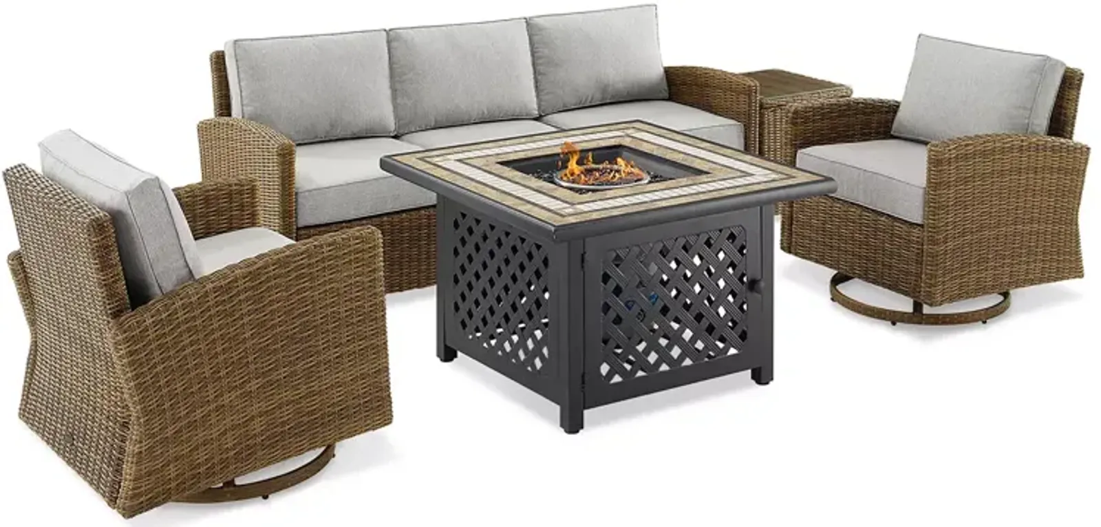 Sparrow & Wren Bradenton 5 Piece Outdoor Wicker Swivel Rocker & Sofa Set with Fire Table