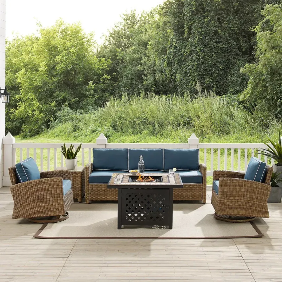 Sparrow & Wren Bradenton 5 Piece Outdoor Wicker Swivel Rocker & Sofa Set with Fire Table