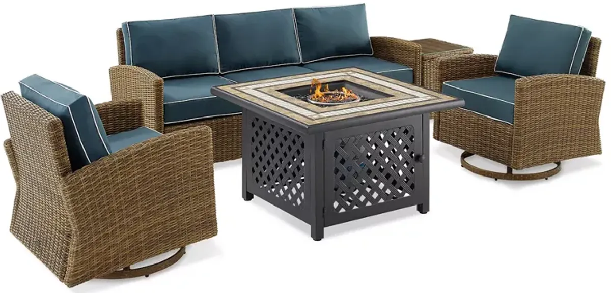 Sparrow & Wren Bradenton 5 Piece Outdoor Wicker Swivel Rocker & Sofa Set with Fire Table