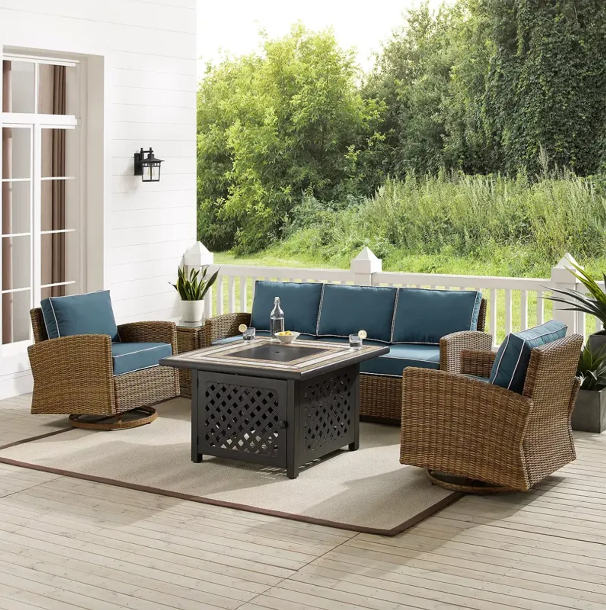 Sparrow & Wren Bradenton 5 Piece Outdoor Wicker Swivel Rocker & Sofa Set with Fire Table