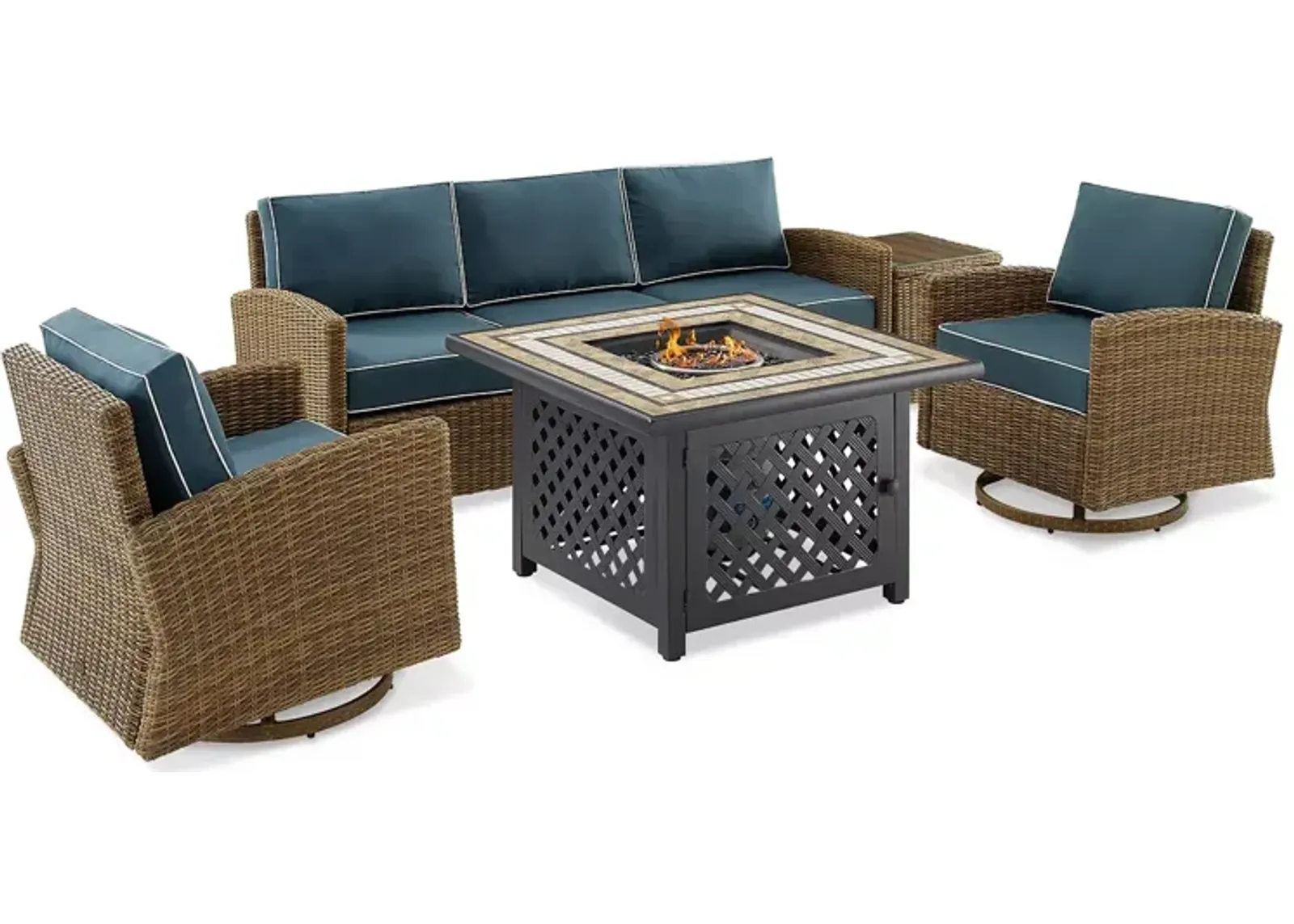 Sparrow & Wren Bradenton 5 Piece Outdoor Wicker Swivel Rocker & Sofa Set with Fire Table