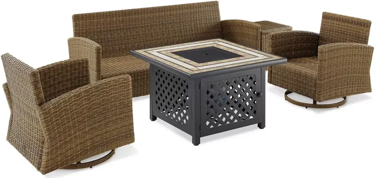 Sparrow & Wren Bradenton 5 Piece Outdoor Wicker Swivel Rocker & Sofa Set with Fire Table