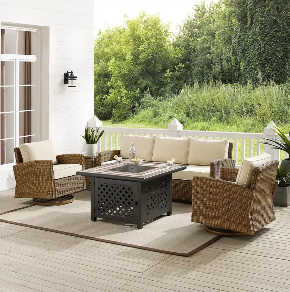 Sparrow & Wren Bradenton 5 Piece Outdoor Wicker Swivel Rocker & Sofa Set with Fire Table