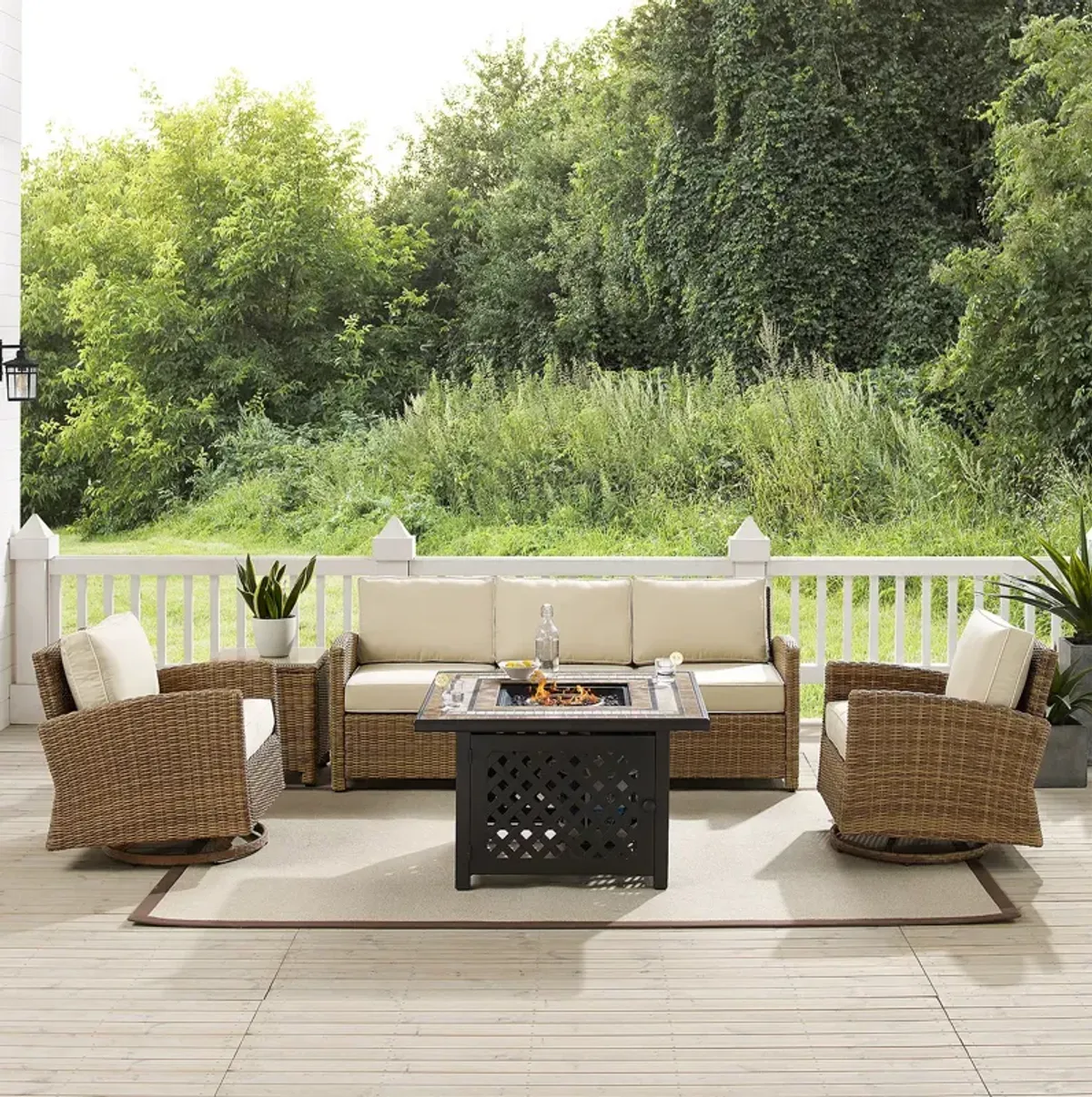 Sparrow & Wren Bradenton 5 Piece Outdoor Wicker Swivel Rocker & Sofa Set with Fire Table