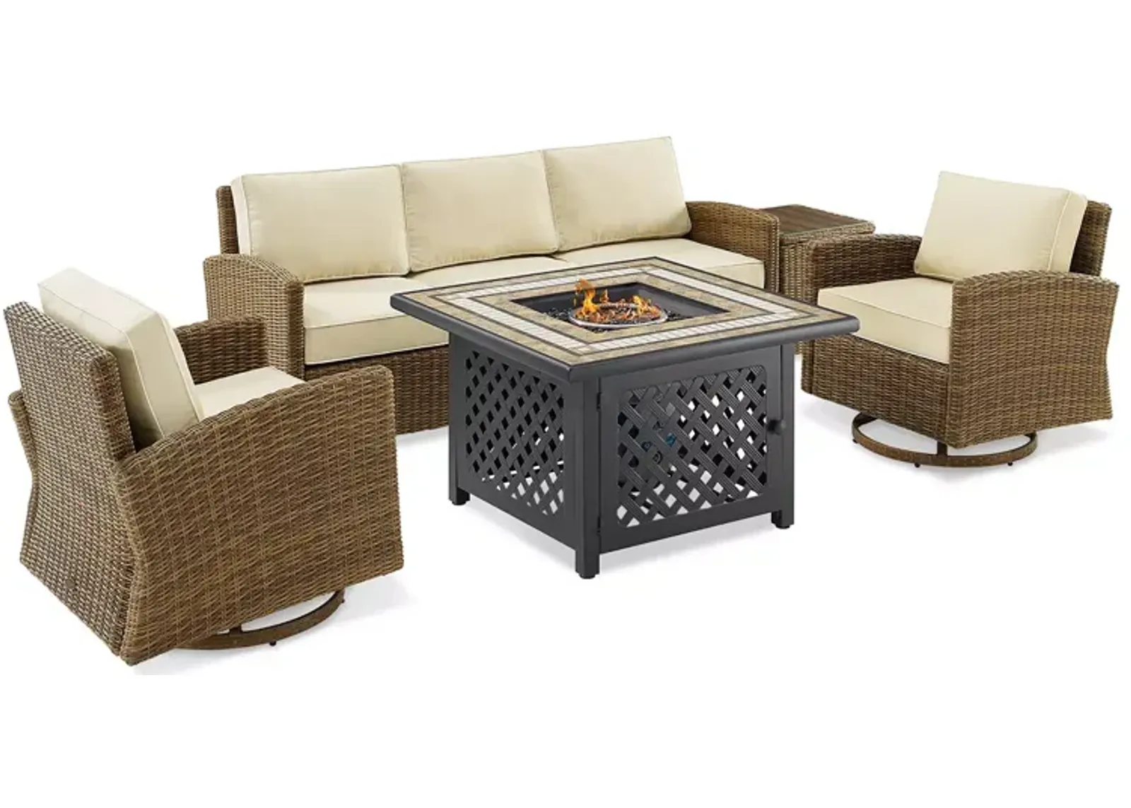 Sparrow & Wren Bradenton 5 Piece Outdoor Wicker Swivel Rocker & Sofa Set with Fire Table