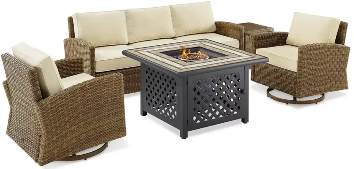 Sparrow & Wren Bradenton 5 Piece Outdoor Wicker Swivel Rocker & Sofa Set with Fire Table