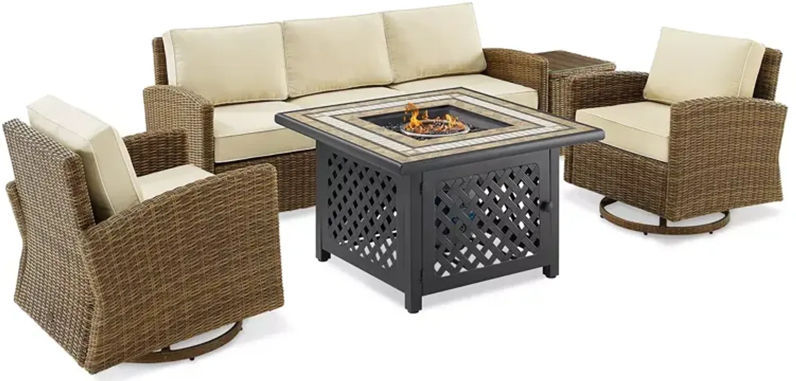 Sparrow & Wren Bradenton 5 Piece Outdoor Wicker Swivel Rocker & Sofa Set with Fire Table