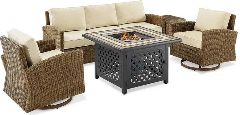 Sparrow & Wren Bradenton 5 Piece Outdoor Wicker Swivel Rocker & Sofa Set with Fire Table