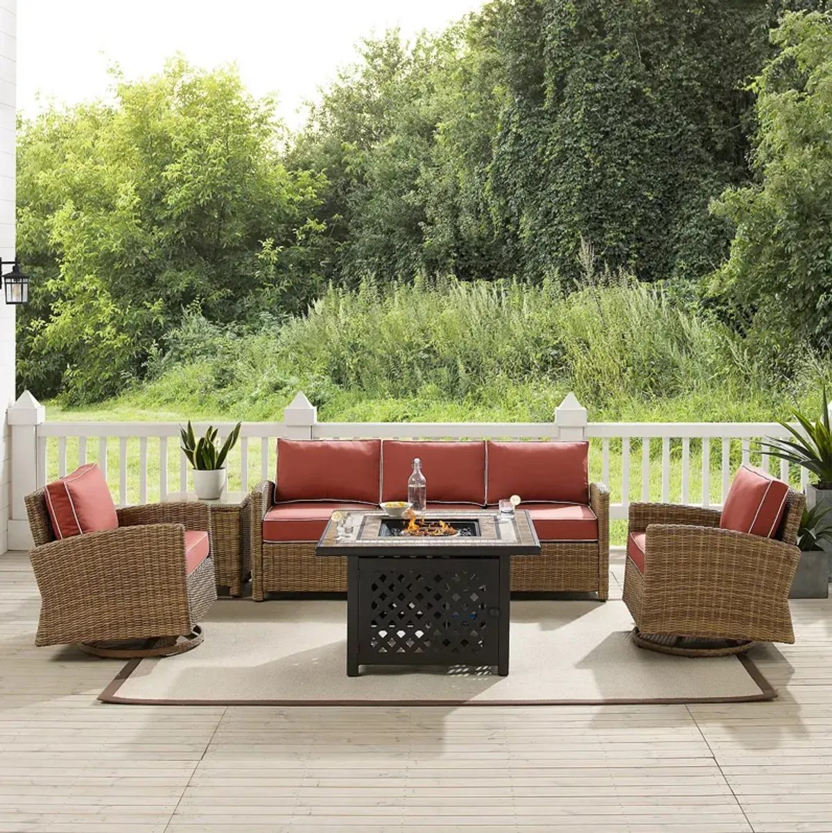 Sparrow & Wren Bradenton 5 Piece Outdoor Wicker Swivel Rocker & Sofa Set with Fire Table