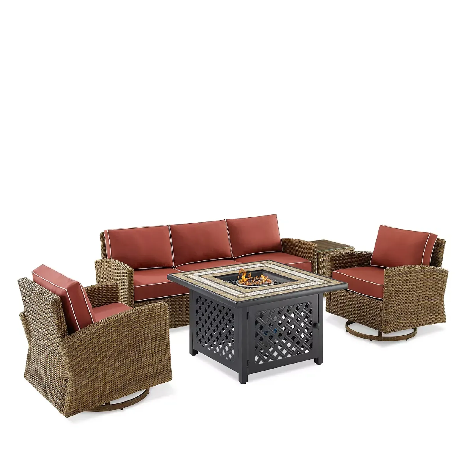 Sparrow & Wren Bradenton 5 Piece Outdoor Wicker Swivel Rocker & Sofa Set with Fire Table