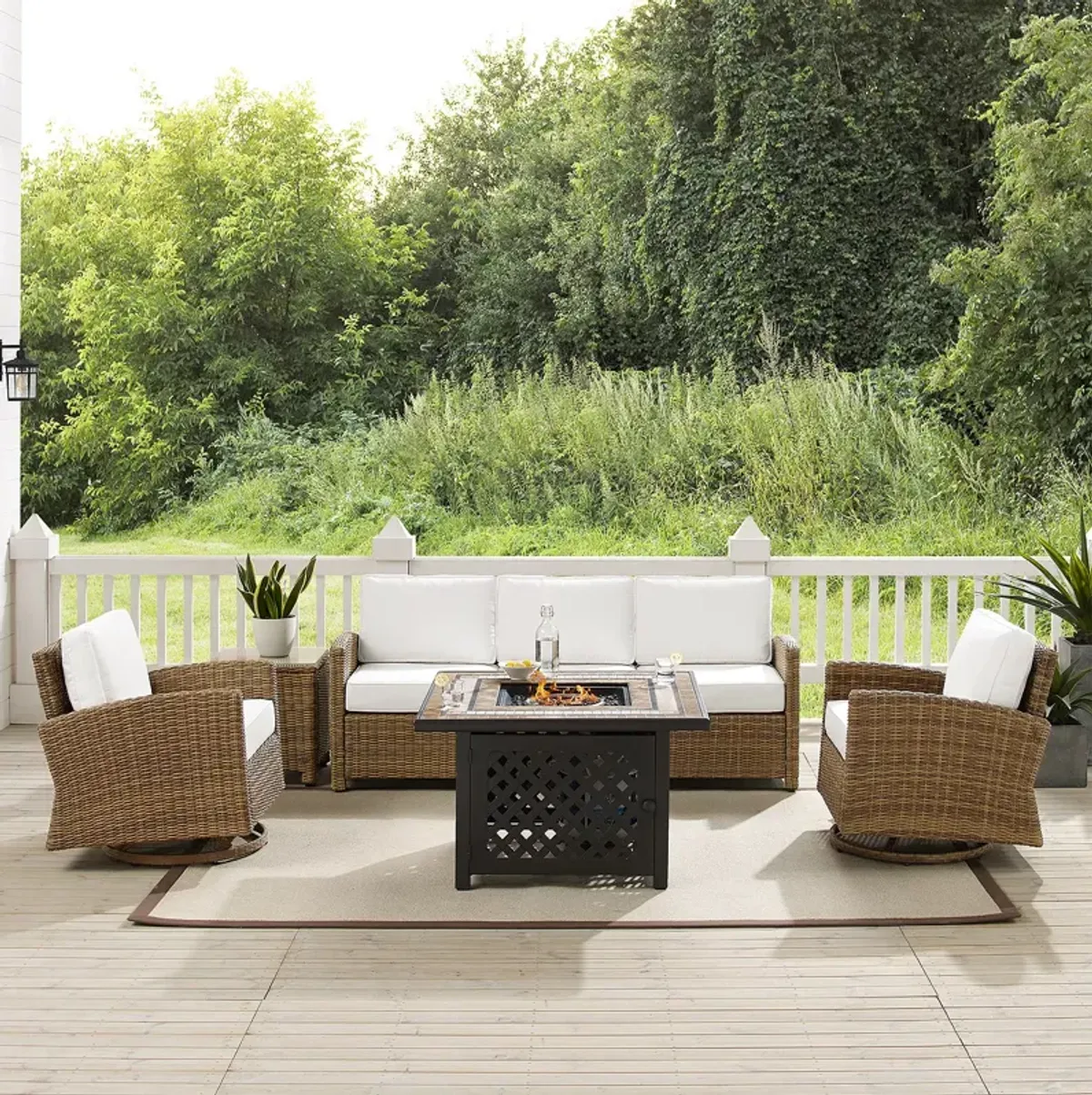 Sparrow & Wren Bradenton 5 Piece Outdoor Wicker Swivel Rocker & Sofa Set with Fire Table