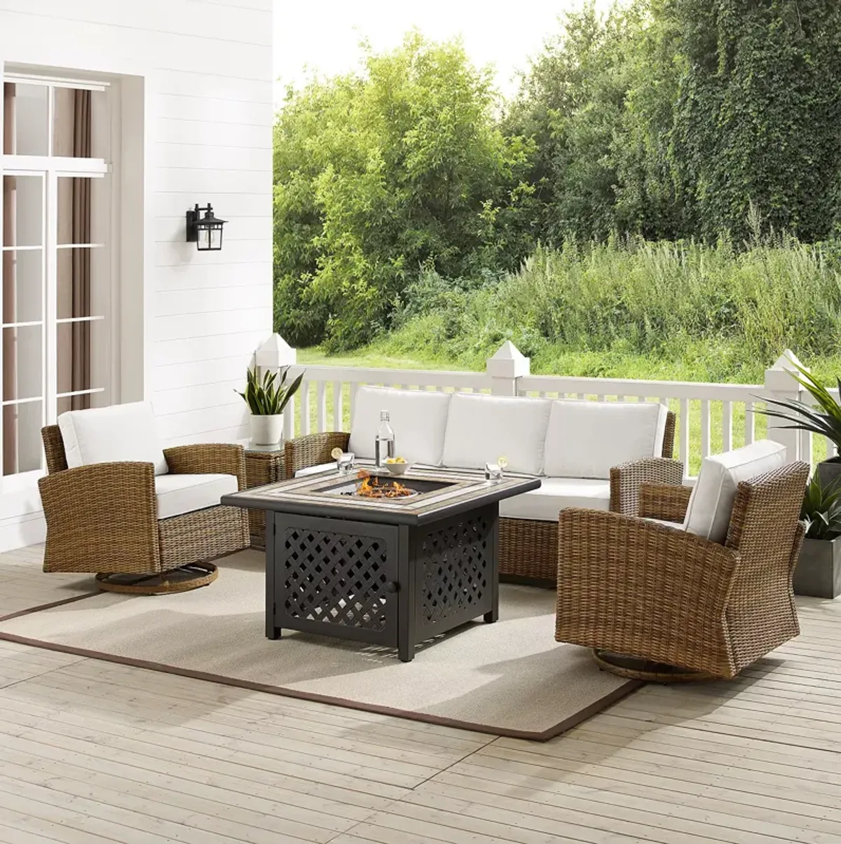 Sparrow & Wren Bradenton 5 Piece Outdoor Wicker Swivel Rocker & Sofa Set with Fire Table