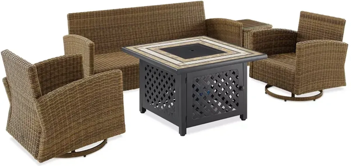 Sparrow & Wren Bradenton 5 Piece Outdoor Wicker Swivel Rocker & Sofa Set with Fire Table