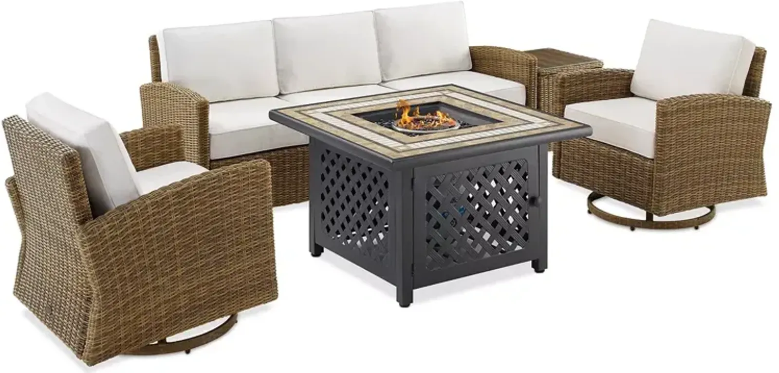 Sparrow & Wren Bradenton 5 Piece Outdoor Wicker Swivel Rocker & Sofa Set with Fire Table