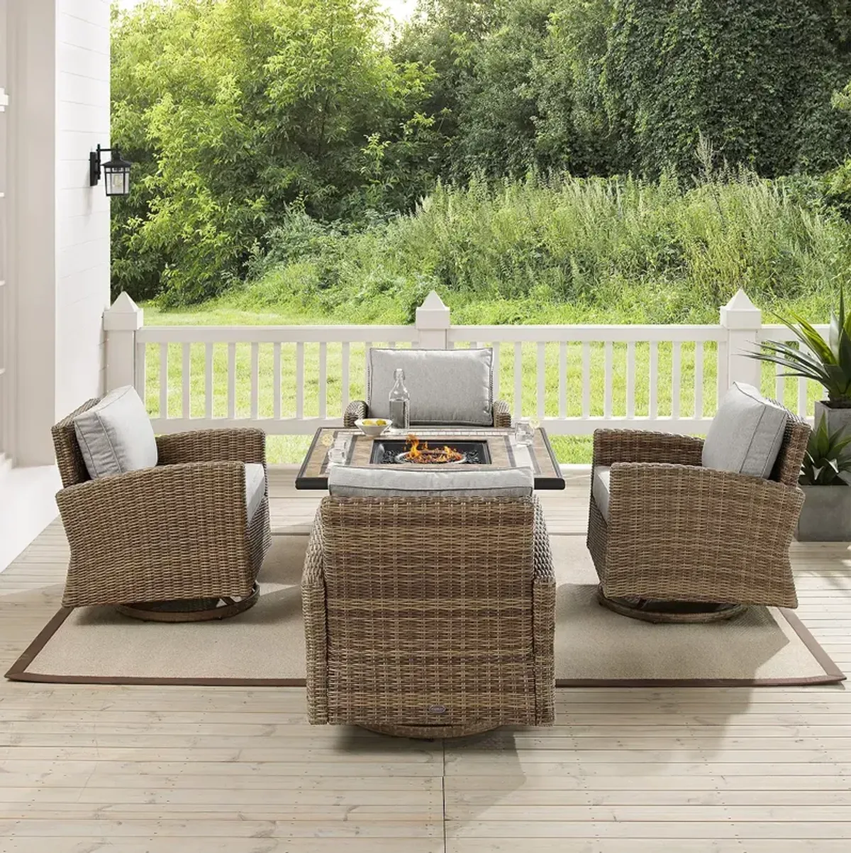 Sparrow & Wren Bradenton 5 Piece Outdoor Wicker Swivel Rocker Set with Fire Table