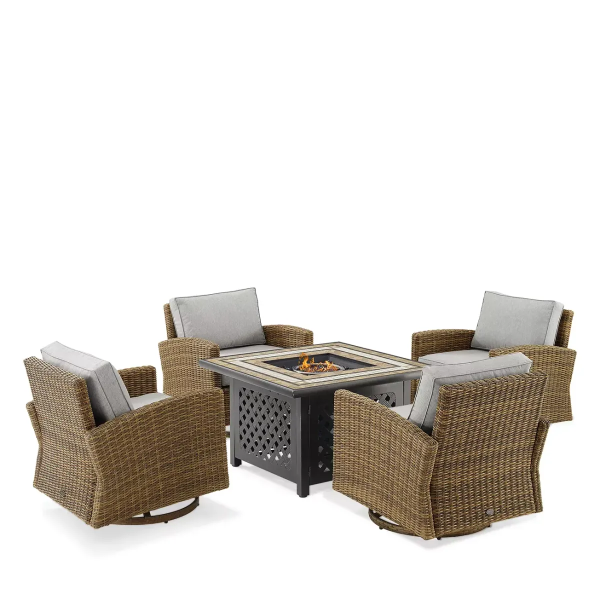 Sparrow & Wren Bradenton 5 Piece Outdoor Wicker Swivel Rocker Set with Fire Table