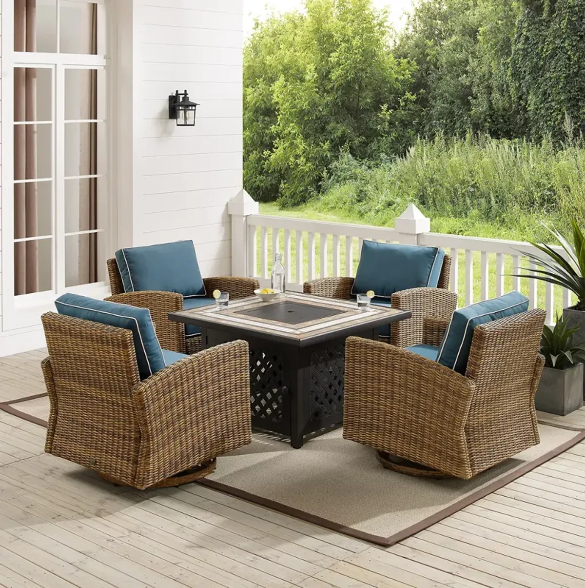 Sparrow & Wren Bradenton 5 Piece Outdoor Wicker Swivel Rocker Set with Fire Table