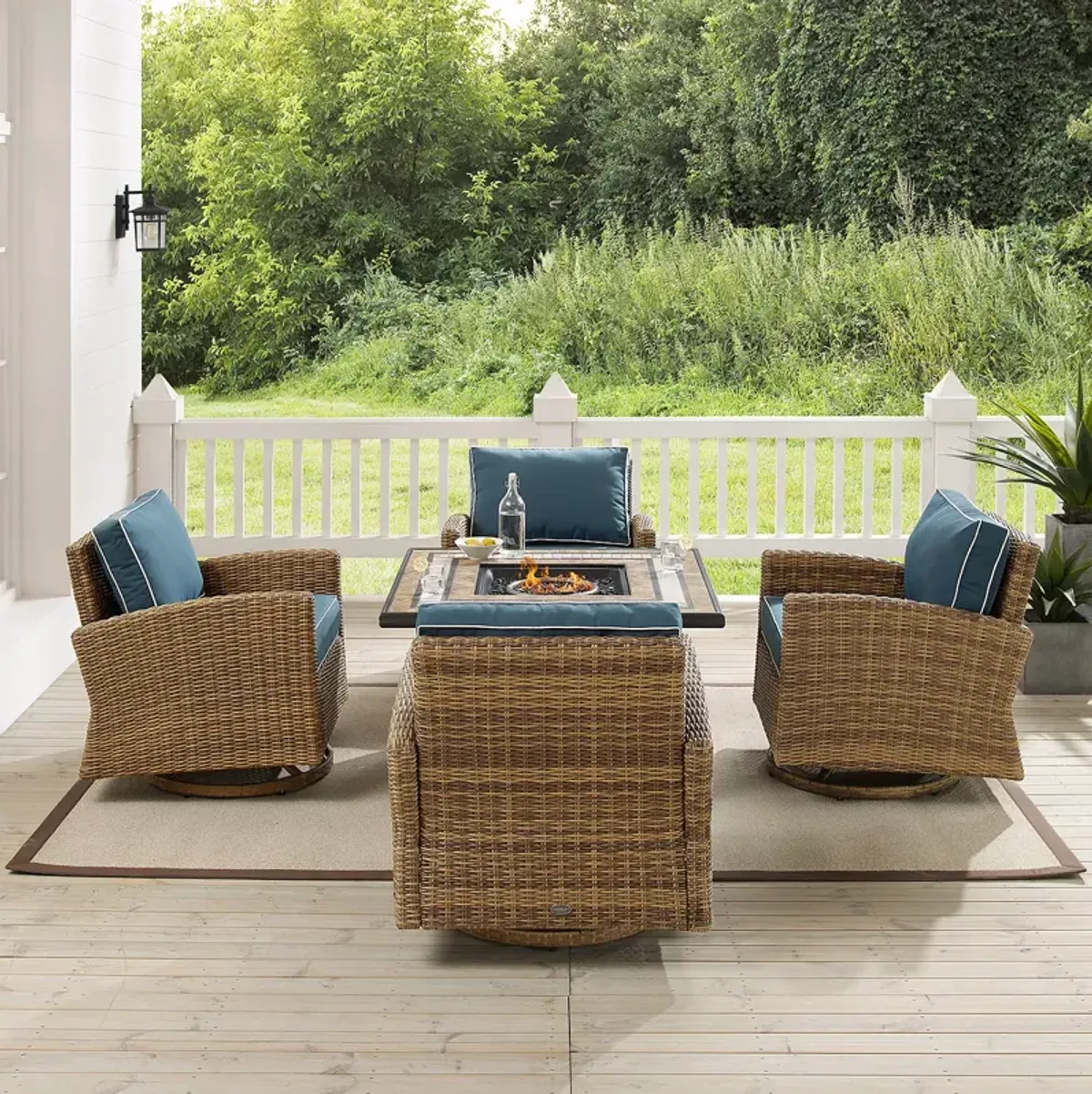 Sparrow & Wren Bradenton 5 Piece Outdoor Wicker Swivel Rocker Set with Fire Table