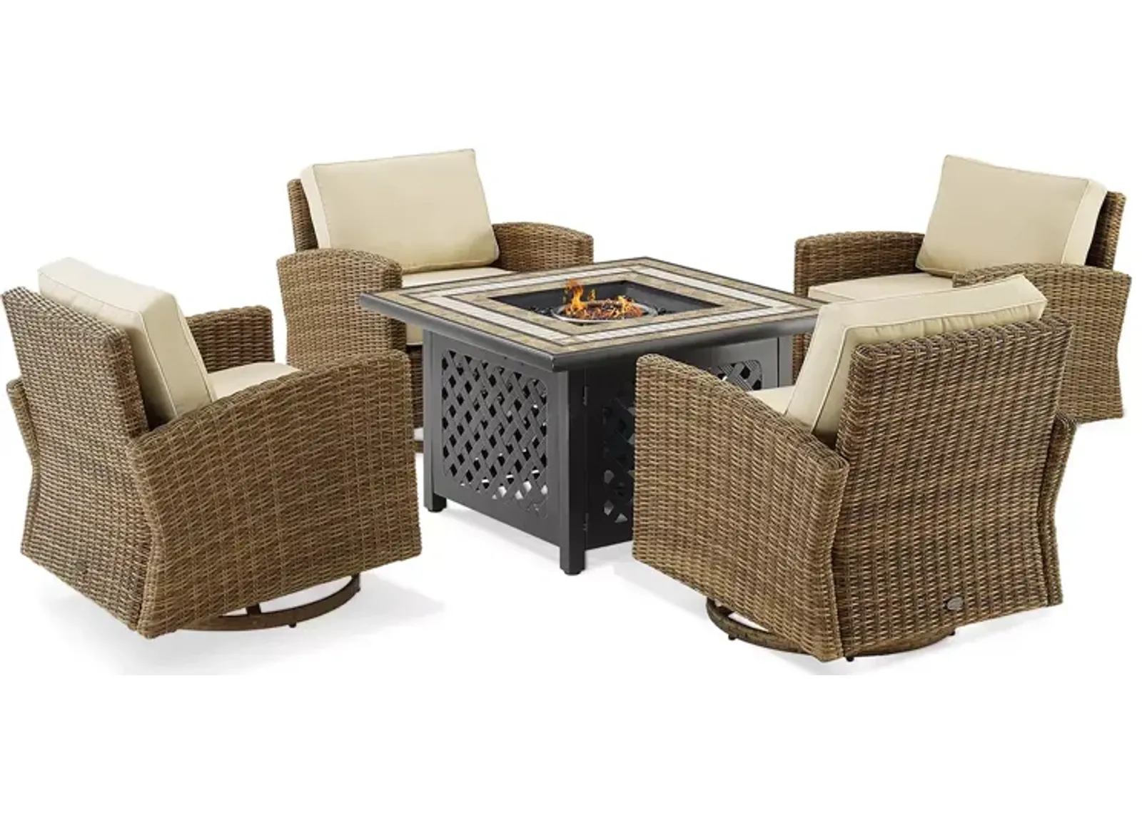 Sparrow & Wren Bradenton 5 Piece Outdoor Wicker Swivel Rocker Set with Fire Table