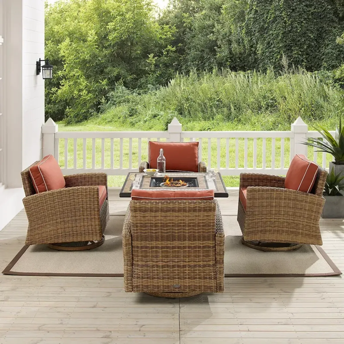 Sparrow & Wren Bradenton 5 Piece Outdoor Wicker Swivel Rocker Set with Fire Table