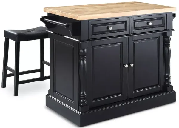 Sparrow & Wren Oxford 3 Piece Kitchen Island with Upholstered Saddle Stools, 1 Kitchen Island & 2 Counter Height Bar Stools