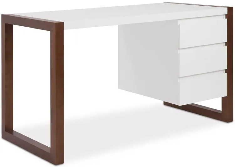 Euro Style Manon Desk in Matte White with Dark Walnut Finish - Three Drawers