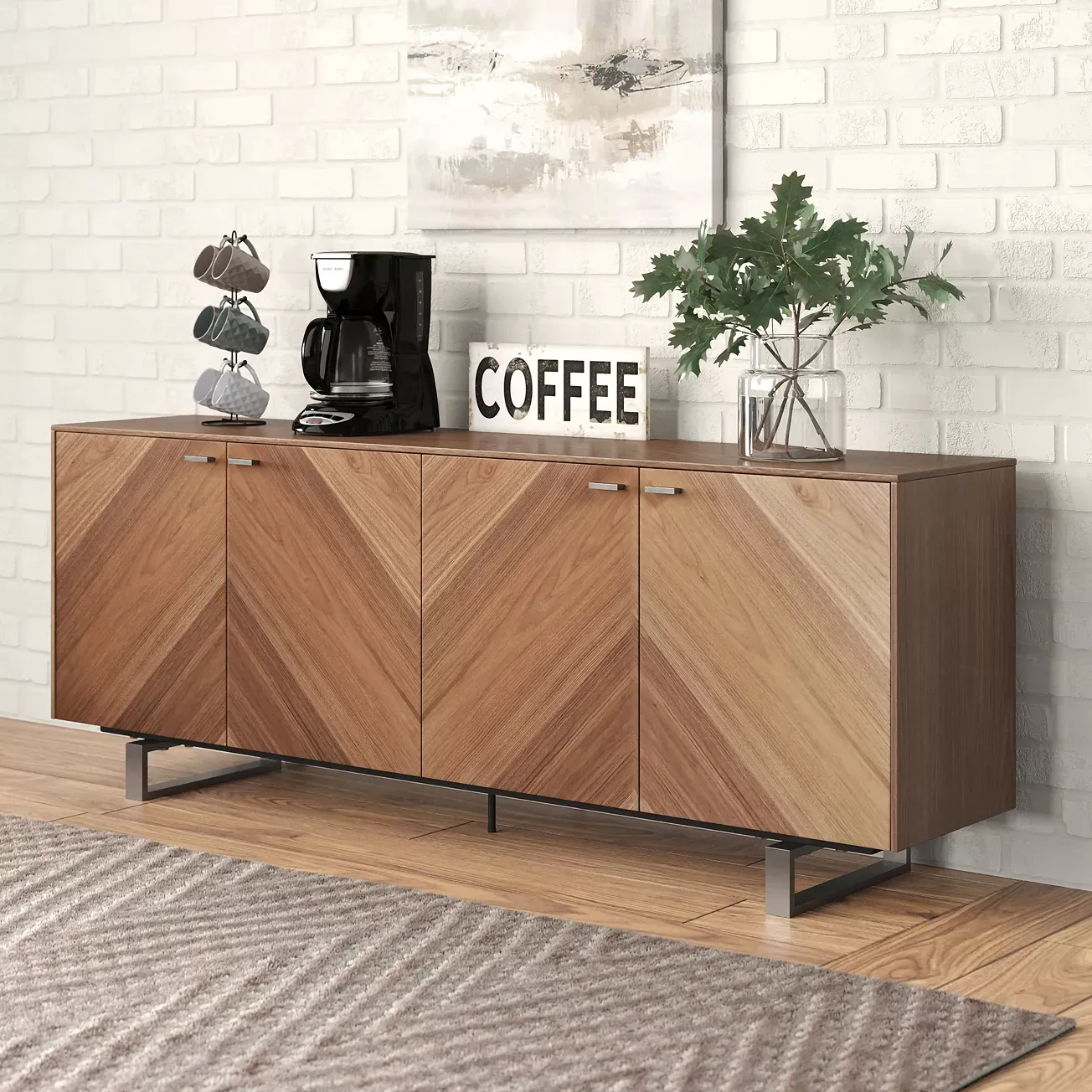 Euro Style Alvarado 79" Sideboard in American Walnut with Brushed Stainless Steel Base