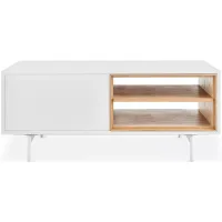 Euro Style Bodie 48" Coffee Table with Open Storage in Oak, Doors and Legs in Matte White