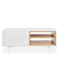 Euro Style Bodie 48" Coffee Table with Open Storage in Oak, Doors and Legs in Matte White