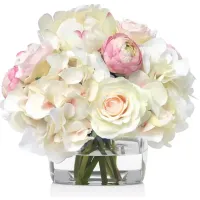Diane James Home Rose & Hydrangea Faux Floral Arrangement in Glass Cube