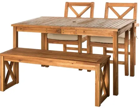 WALKER EDISON 4 Piece X Back Acacia Wood Outdoor Patio Dining Set with Cushions