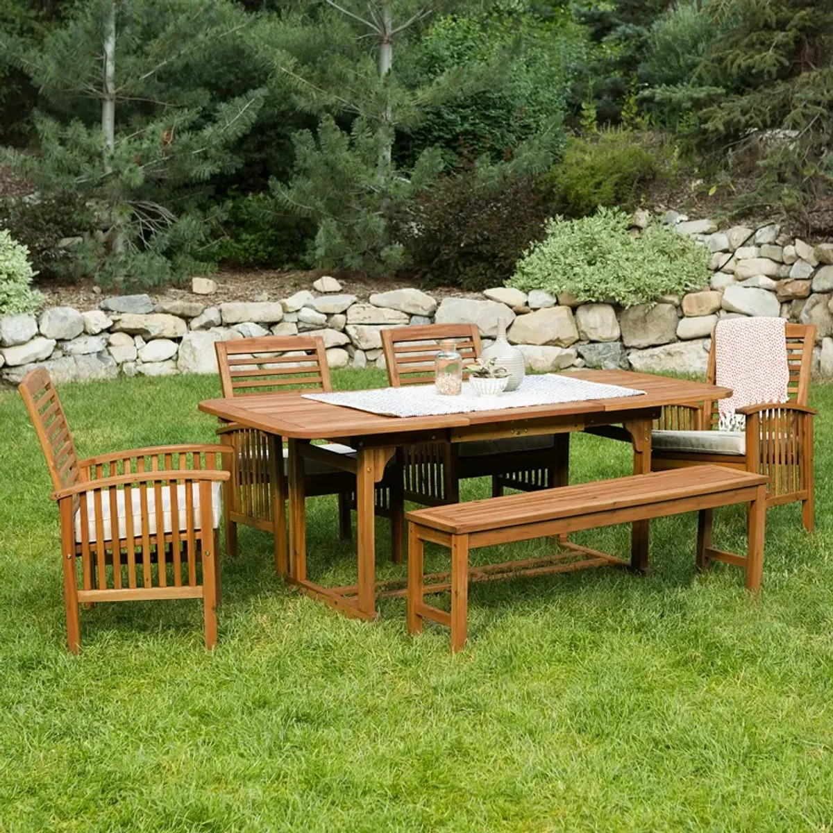 WALKER EDISON 6 Piece Acacia Wood Outdoor Patio Dining Set with Cushions